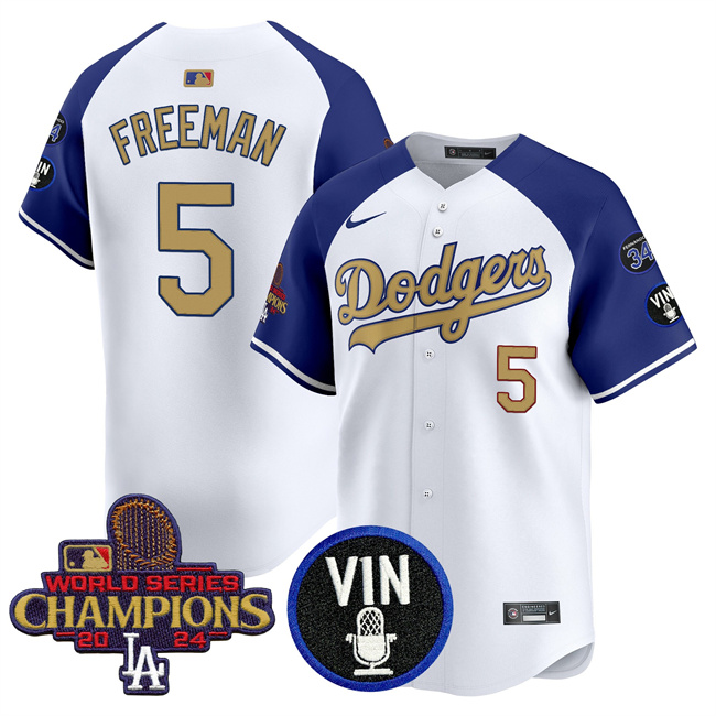 Men's Los Angeles Dodgers #5 Freddie Freeman White/Royal/Gold 2024 World Series Champions With Vin Scully & #34 Fernando Patch Vapor Limited Stitched Baseball Jersey Men's Los Angeles Dodgers #5 Freddie Freeman White/Royal/Gold 2024 World Series Champions With Vin Scully & #34 Fernando Patch Vapor Limited Stitched Baseball Jersey